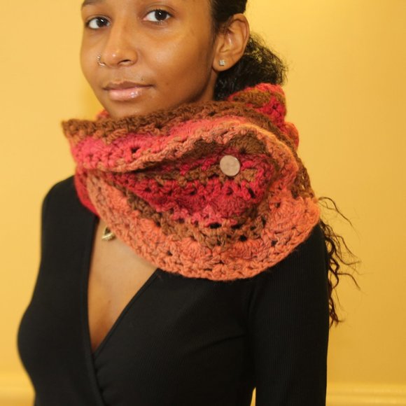 Crochet Multiwear Long Scarf in Pinks and Brown - Picture 2 of 4